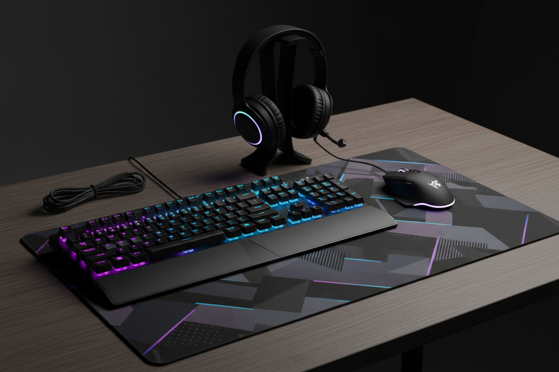 Complete budget gaming setup under 200 euros featuring RGB gaming keyboard, mouse, headset and mouse pad with colorful LED backlighting