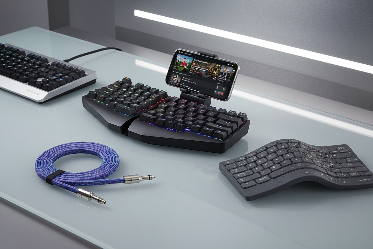 Specialty unique keyboards including ergonomic phone holder keyboard waterproof rollable keyboard and custom coiled cables
