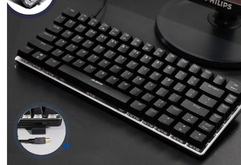 Black keyboard on a dark surface with close-up insets of the keyboard and USB cable.