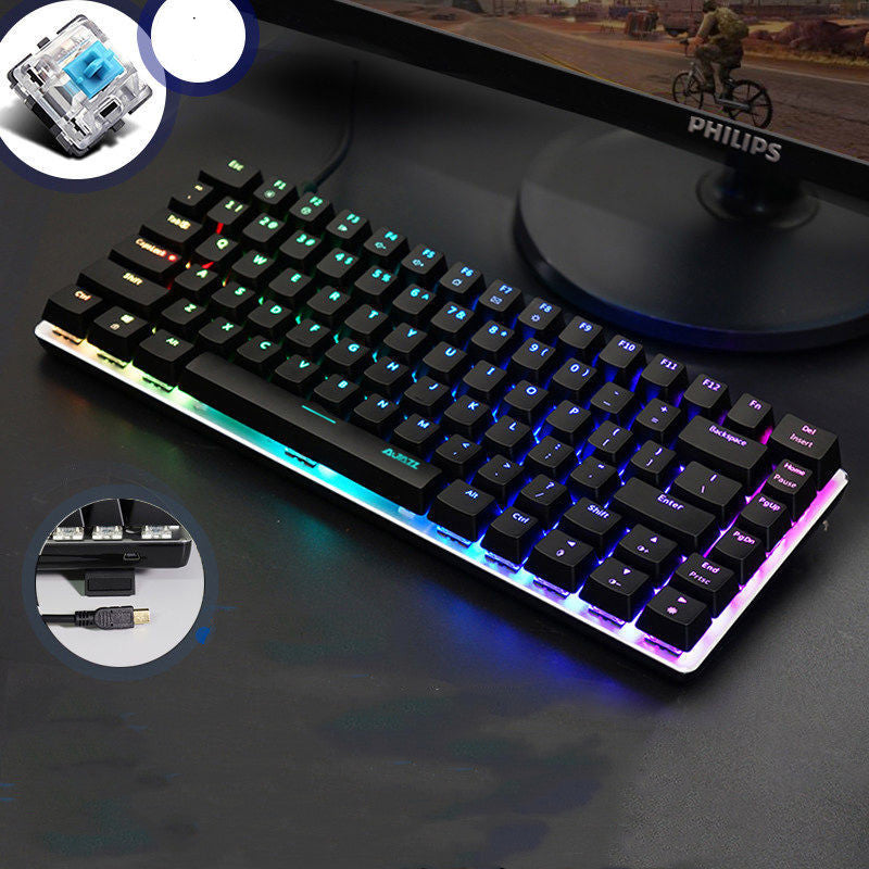 Mechanical keyboard with RGB lighting on a dark surface, surrounded by close-up insets of key switch and cable.