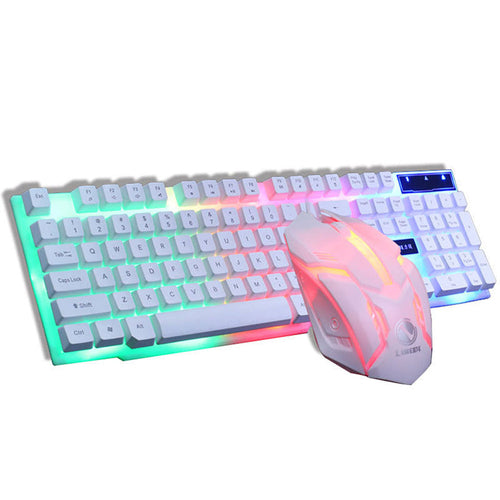 Gaming keyboard and mouse set with RGB lighting on a white background
