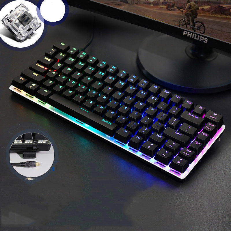 Mechanical keyboard with RGB lighting on a dark surface, surrounded by close-up insets of components.