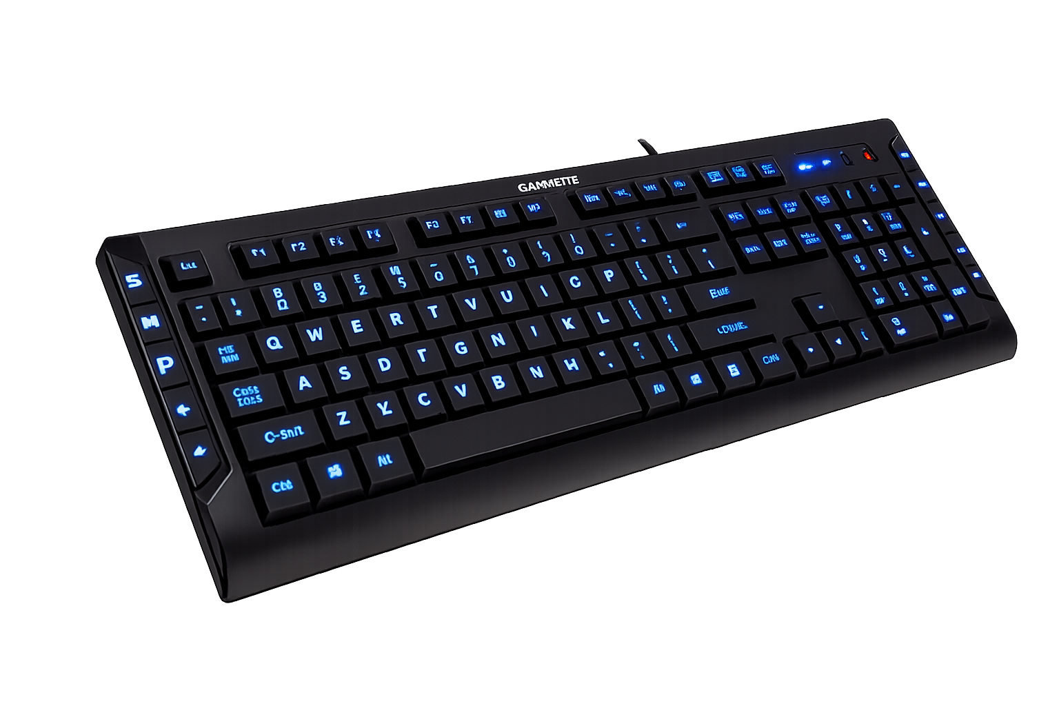 Blue LED backlit gaming keyboard with illuminated keys for PC and office use