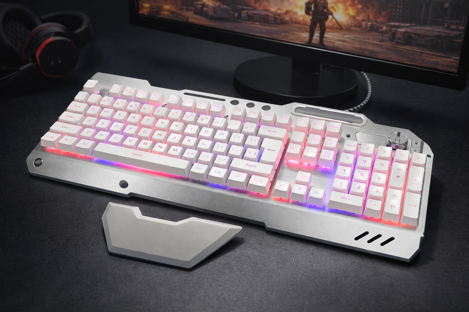 Gaming keyboard with integrated smartphone stand showing RGB lighting and ergonomic design for streamers