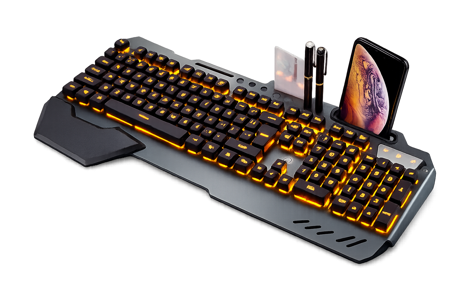 Ergonomic gaming keyboard with built-in phone holder and RGB backlight for streaming and gaming