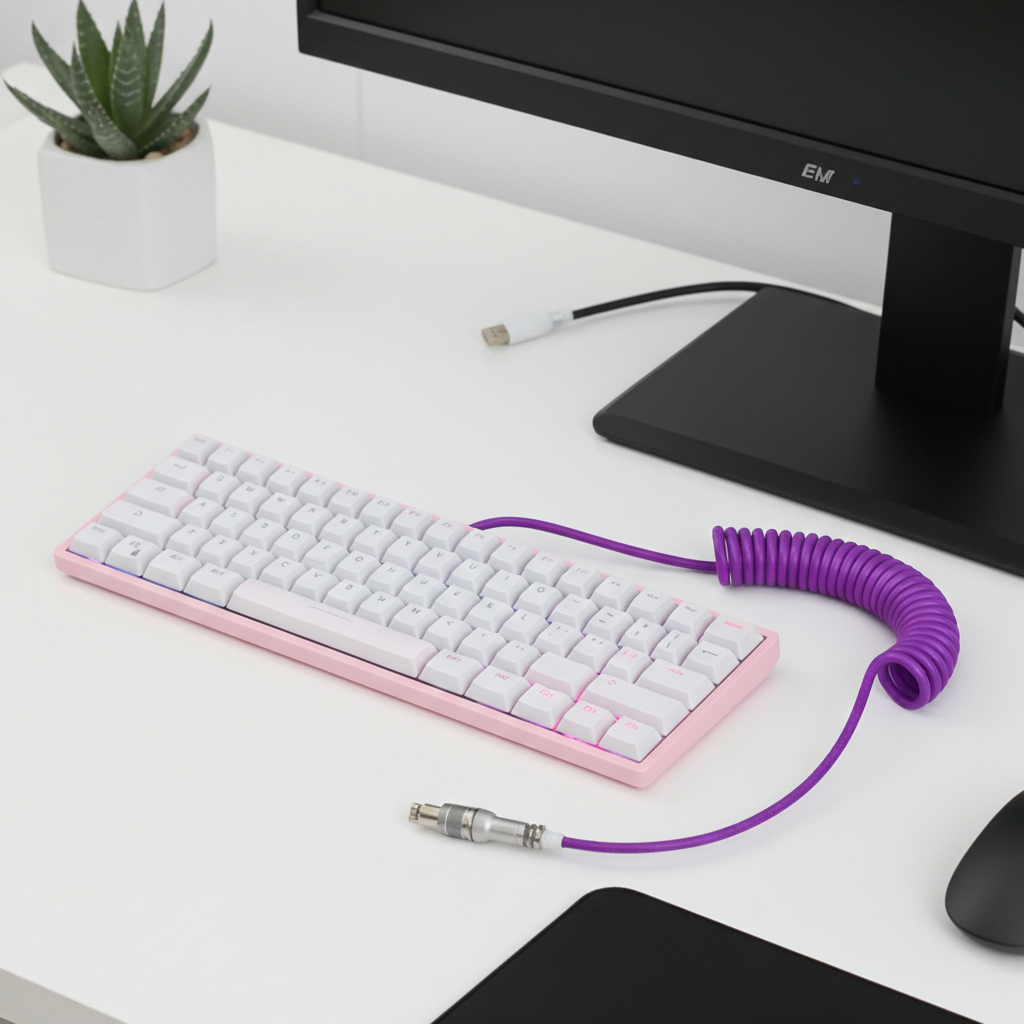 Keyboard with a coiled purple cable on a desk next to a computer monitor.