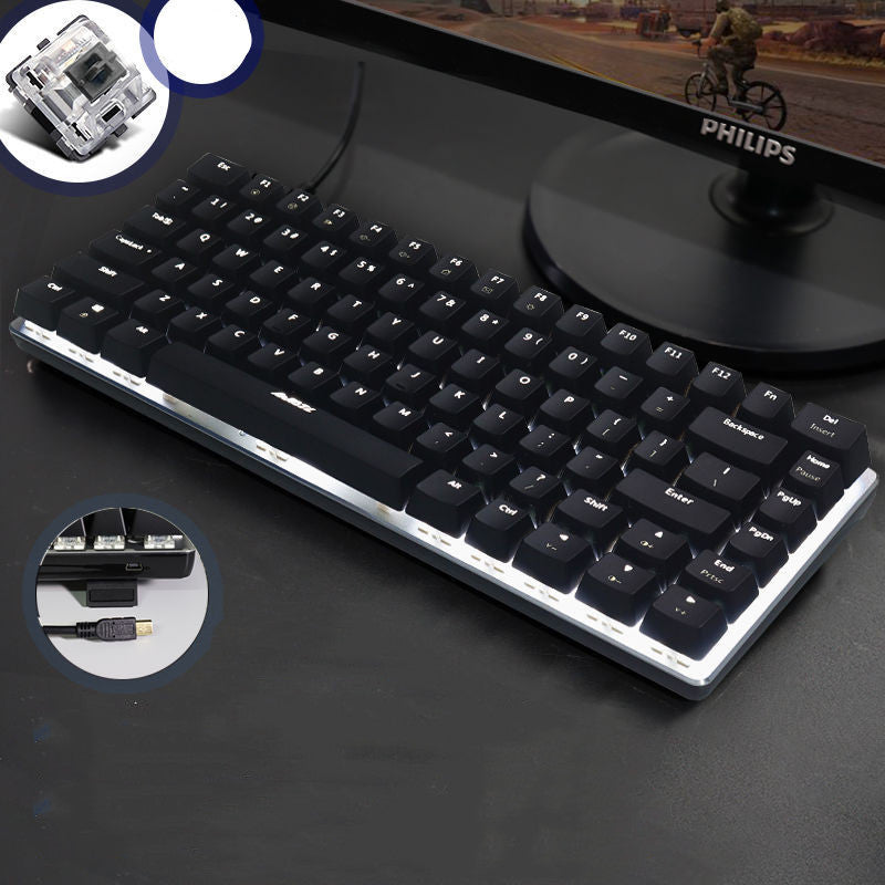 Black keyboard on a dark surface with Philips logo, close-up of keyboard cable, and inset showing keyboard components.