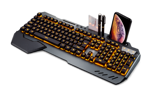 Ergonomic gaming keyboard with built-in phone holder and RGB backlight for streaming and gaming