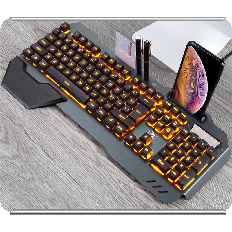 Ergonomic gaming keyboard with integrated phone holder and RGB backlighting for streamers