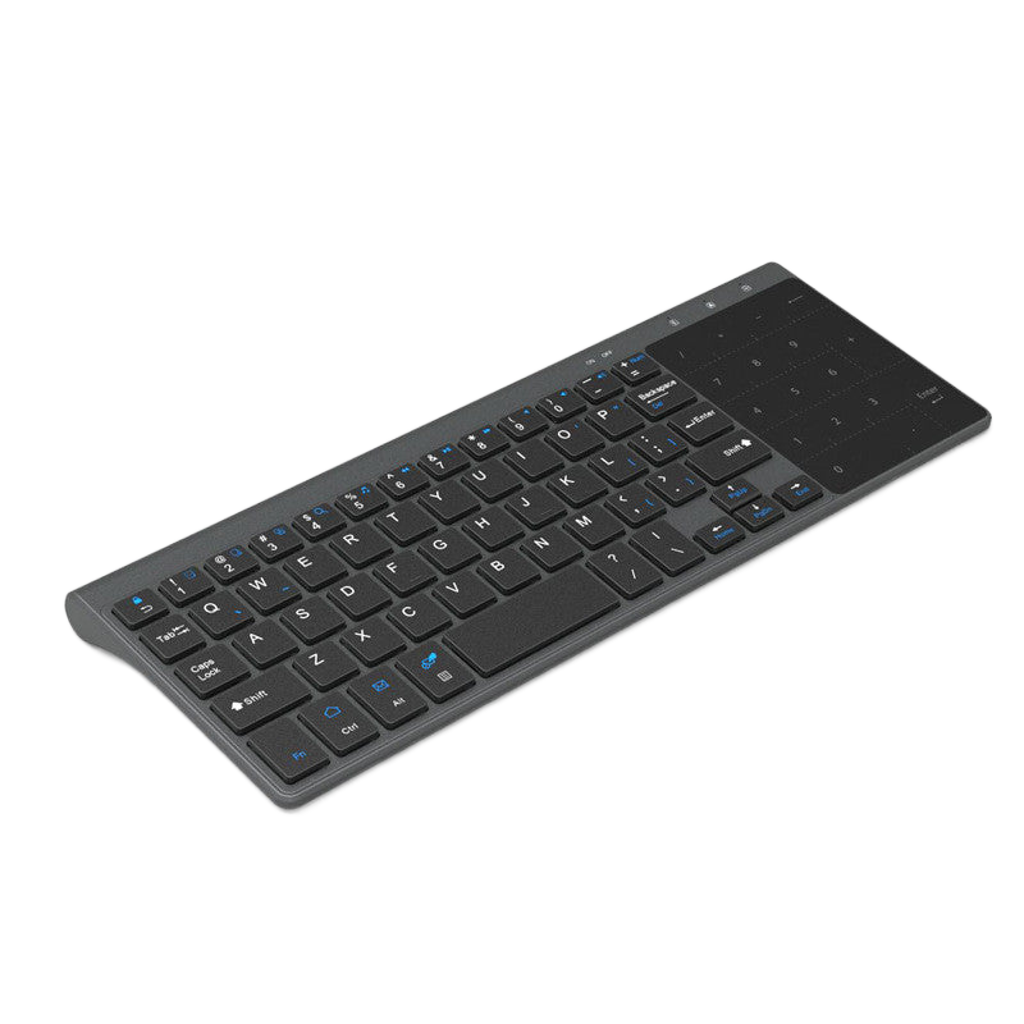 Black keyboard with numeric keypad on a white background