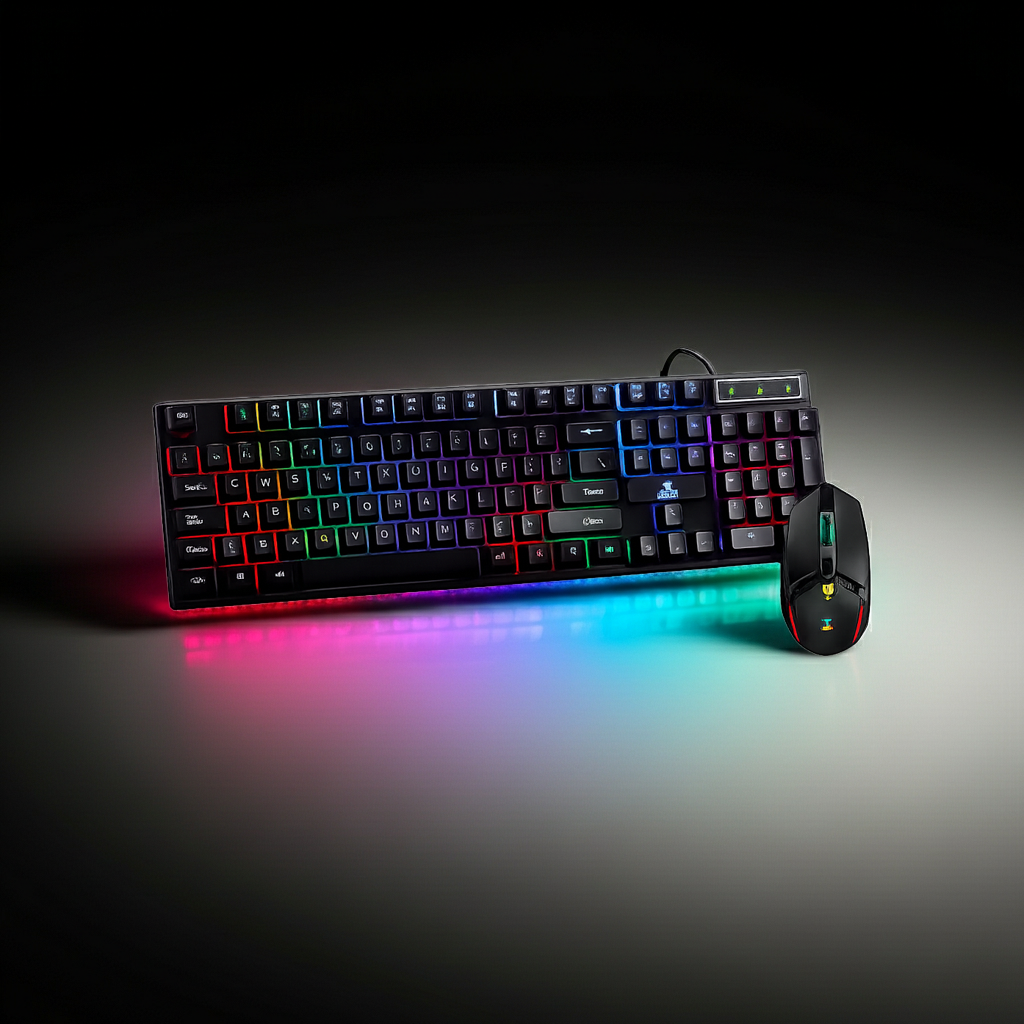 Gaming keyboard and mouse set with RGB lighting on a dark background