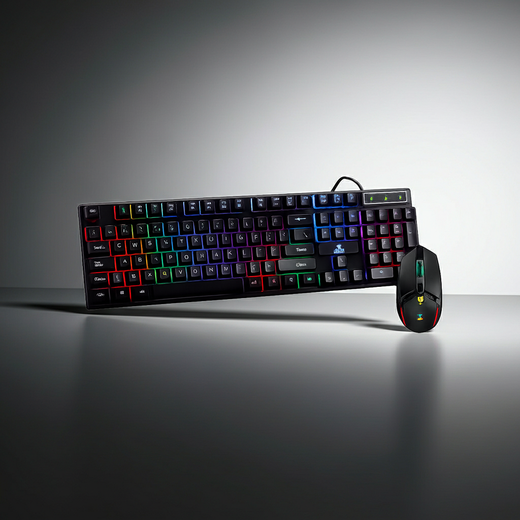 Gaming keyboard and mouse set on a gradient gray background