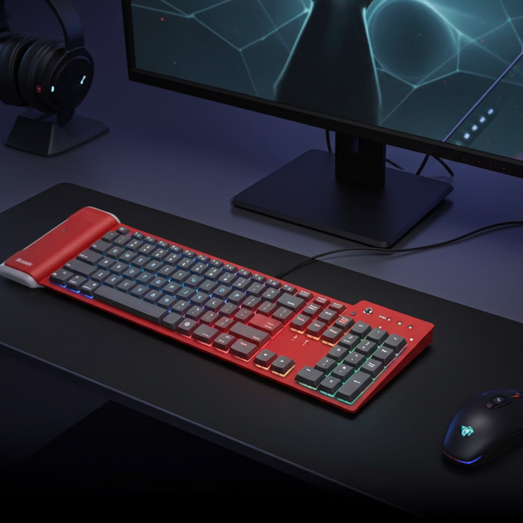 Flexible silicone gaming keyboard on desk with monitor and mouse showing versatile use