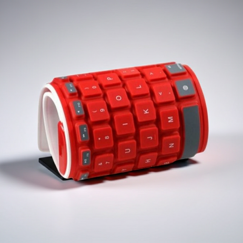 Flexible silicone Bluetooth keyboard rolled up showing portable rollable design in red