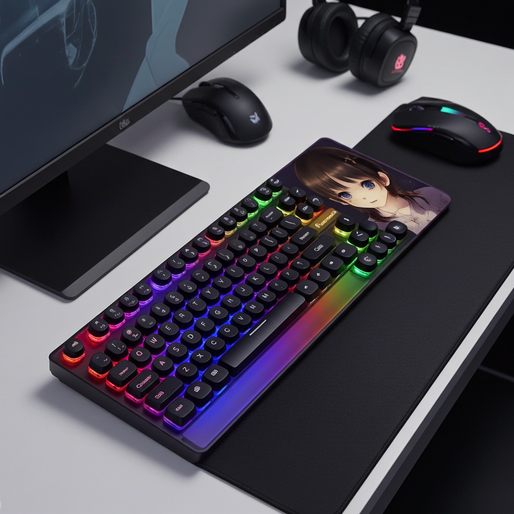 Complete gaming setup with RGB keyboard, gaming mouse, monitor, and headphones on desk