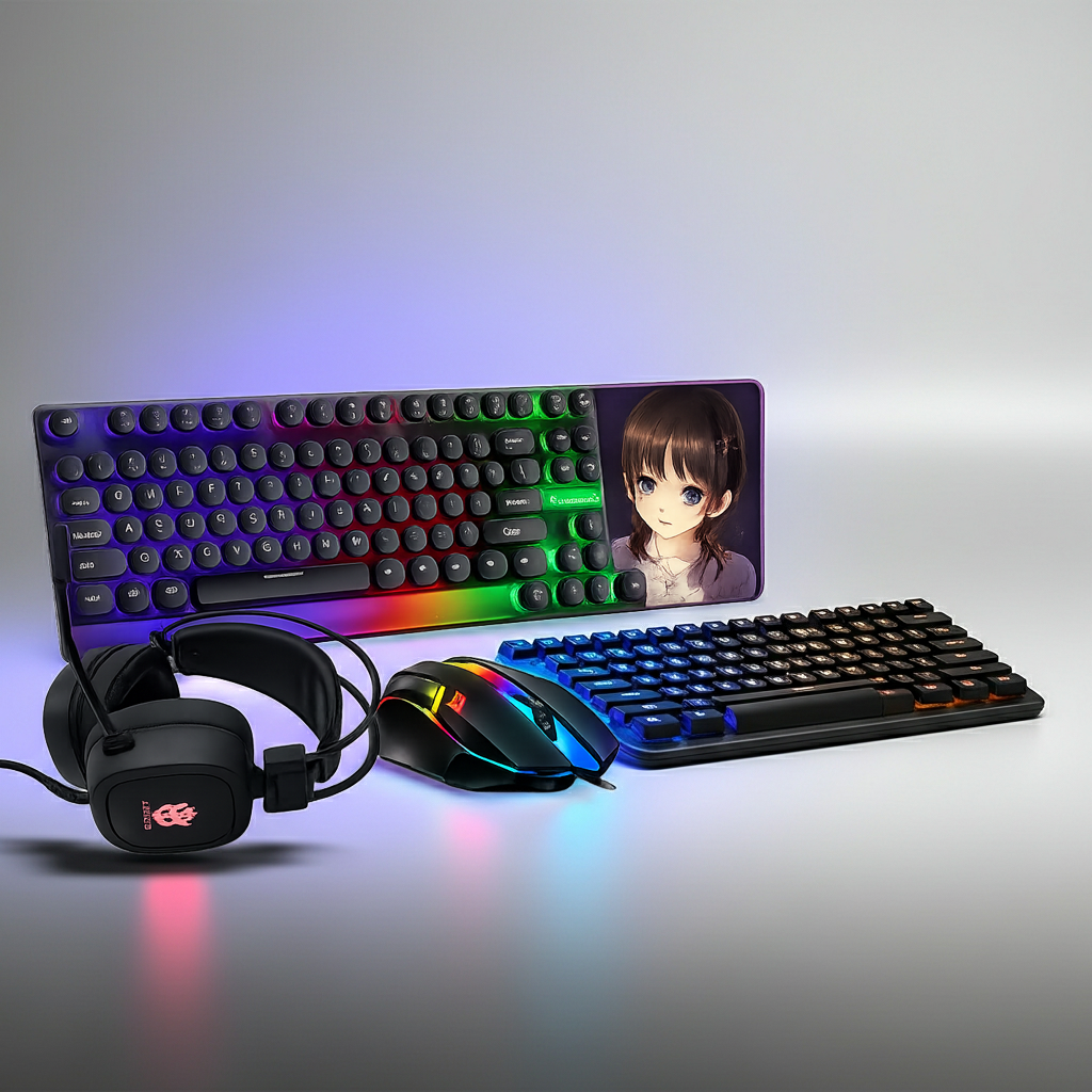 RGB gaming keyboard, mouse, and headset with large gaming mouse pad